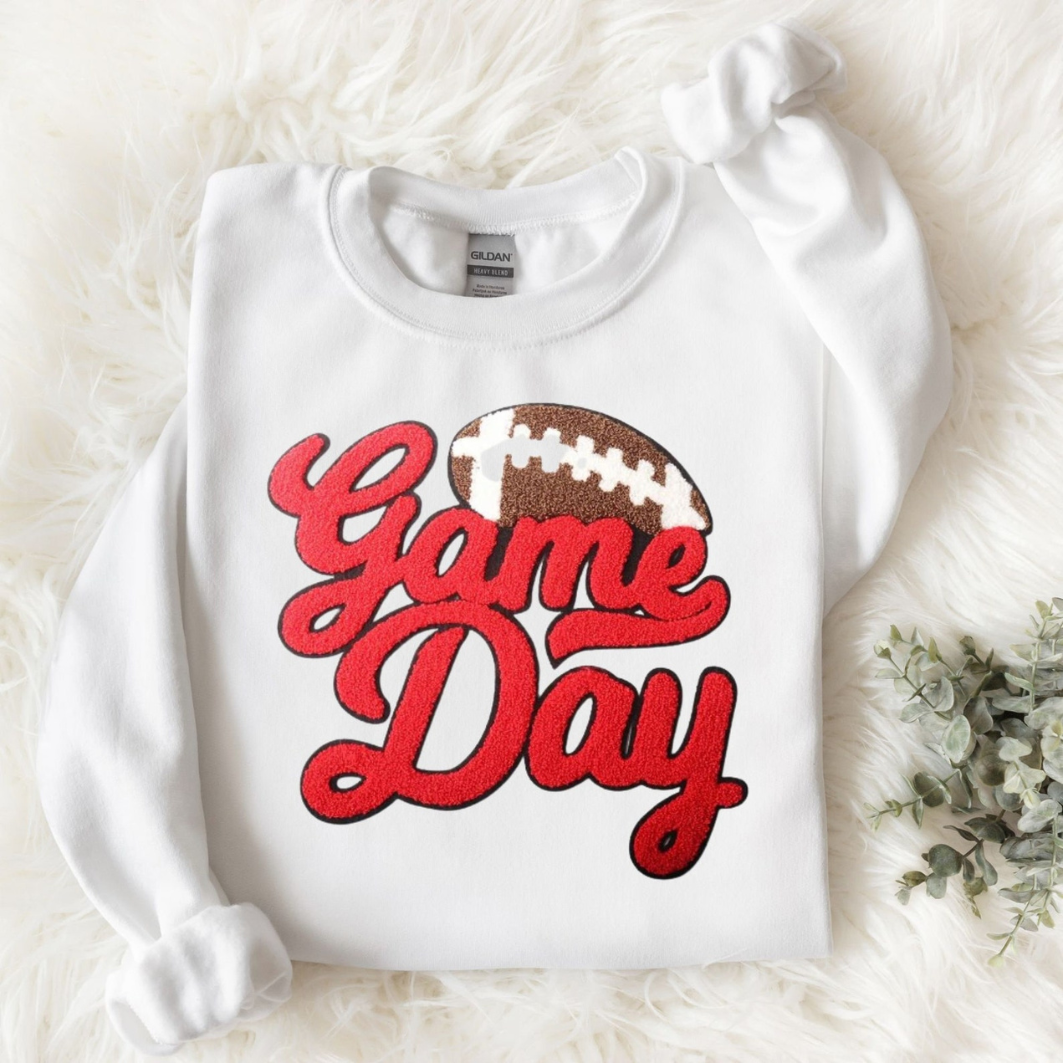 Game Day RED Football Chenille Patch Unisex Gildan 18000 Sweatshirt