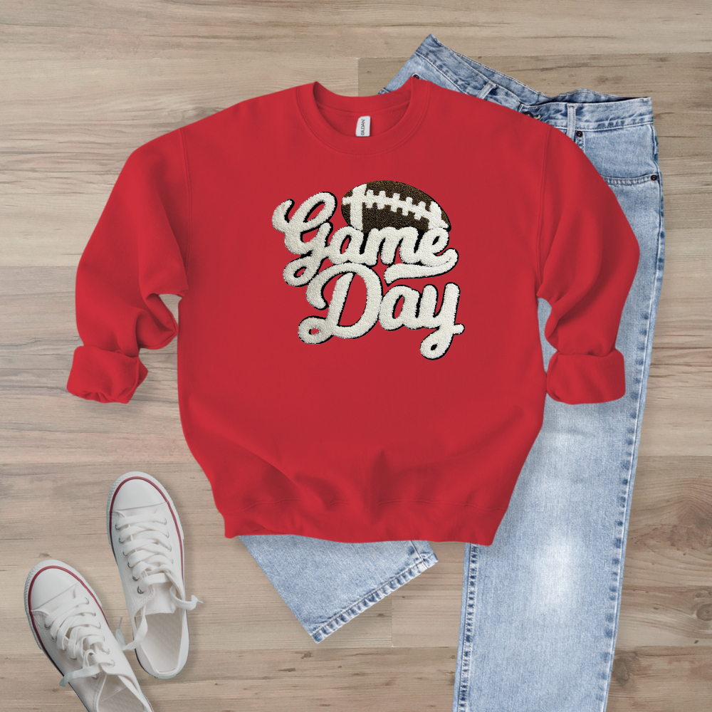 Game Day WHITE Football Chenille Patch Unisex Gildan 18000 Sweatshirt (Copy)