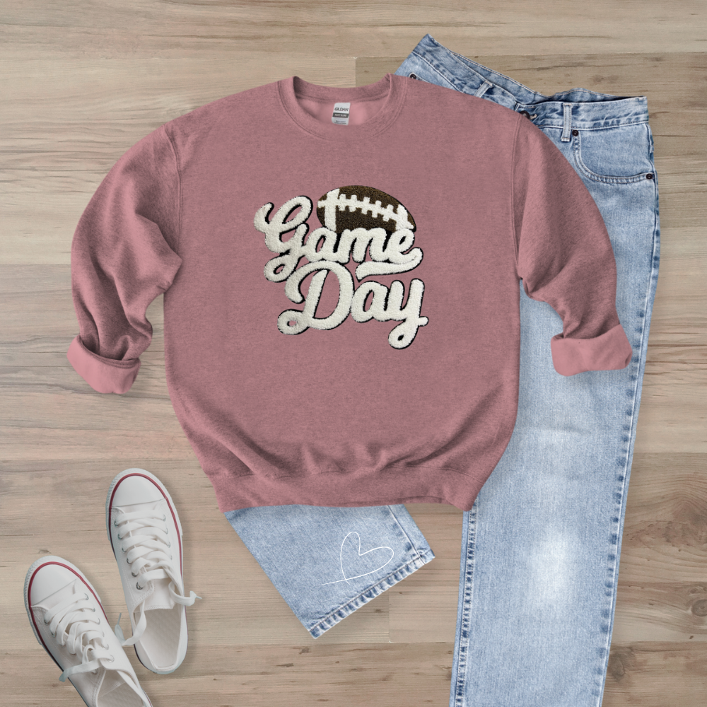Game Day WHITE Football Chenille Patch Unisex Gildan 18000 Sweatshirt (Copy)