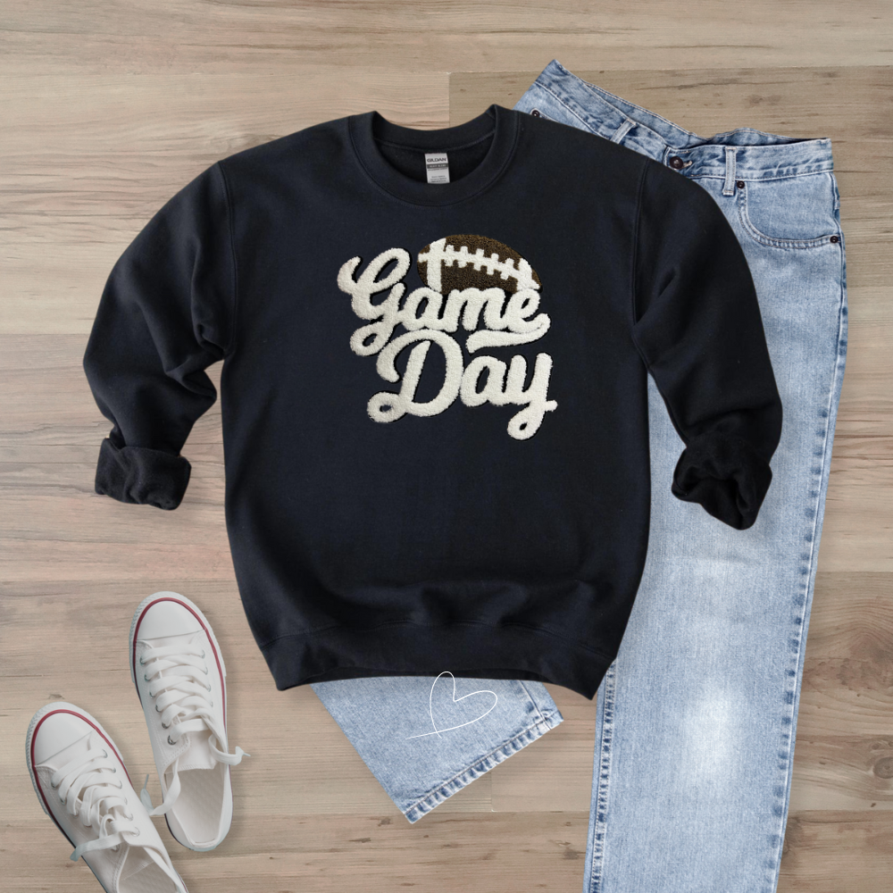 Game Day WHITE Football Chenille Patch Unisex Gildan 18000 Sweatshirt (Copy)