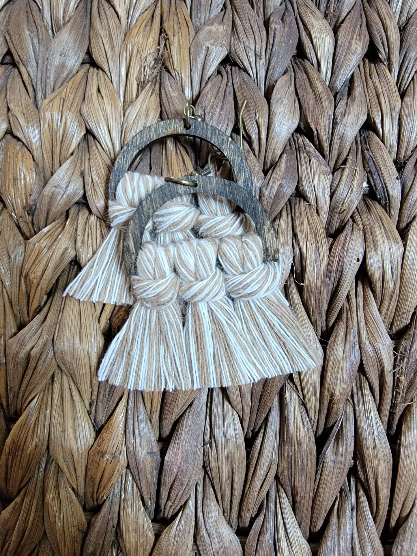 Tan Two-Tone Wood Macrame Earrings
