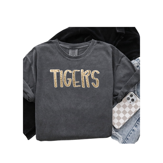 Glitter Handwritten Tigers Comfort Colors Tee (Adult and Youth Size)