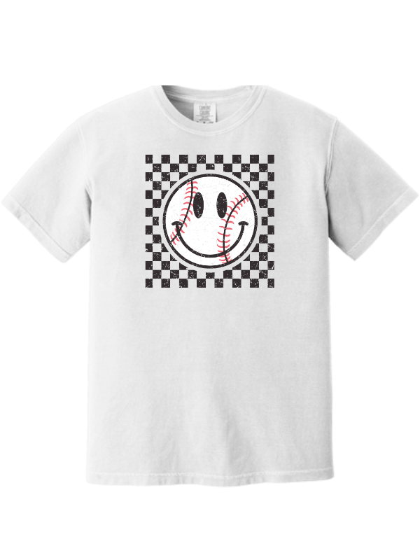 Baseball Smiley Face T-Shirt - Checkered Pattern Comfort Colors