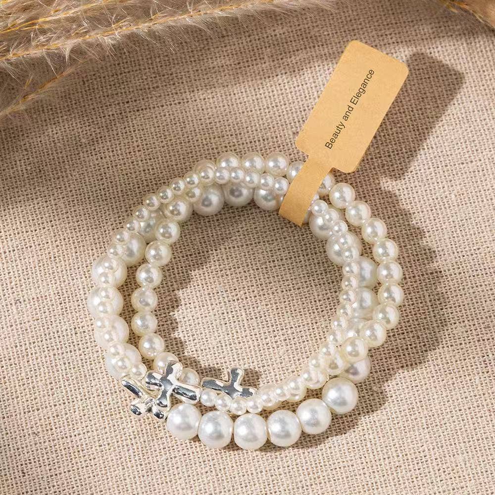 Hot Item! Elegant Stackable Pearl Cross Bracelets for Women
