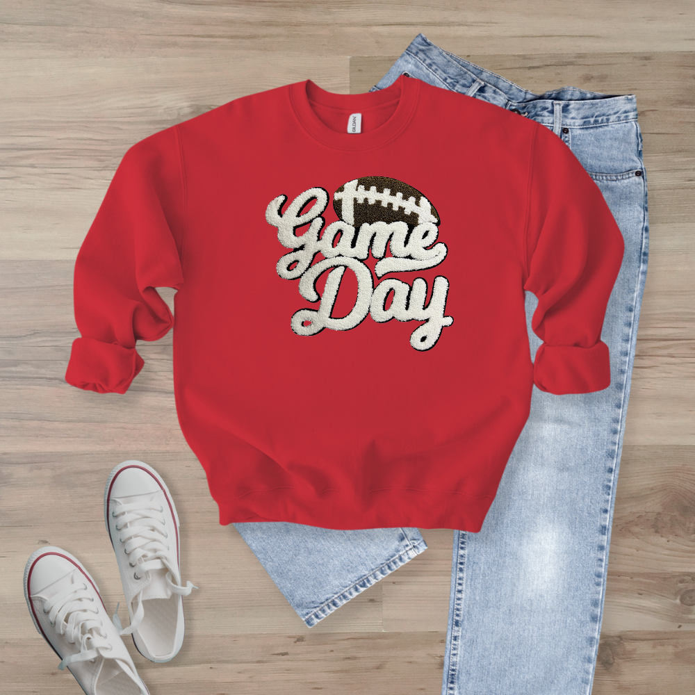 Game Day WHITE Football Chenille Patch  Unisex Gildan 18000 Sweatshirt (Copy)