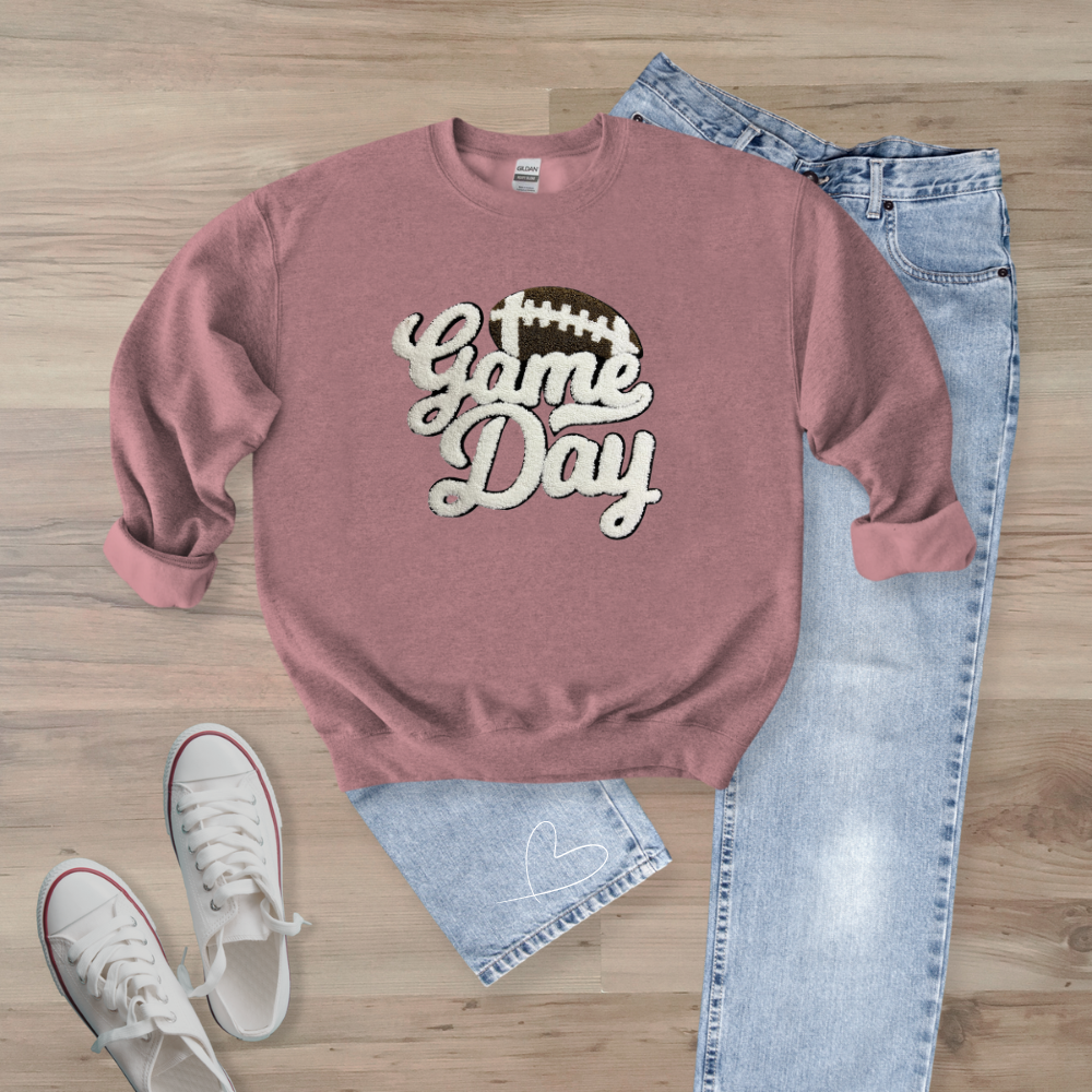 Game Day WHITE Football Chenille Patch  Unisex Gildan 18000 Sweatshirt (Copy)