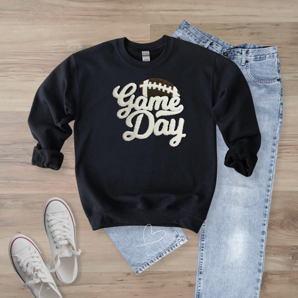 Game Day WHITE Football Chenille Patch  Unisex Gildan 18000 Sweatshirt (Copy)