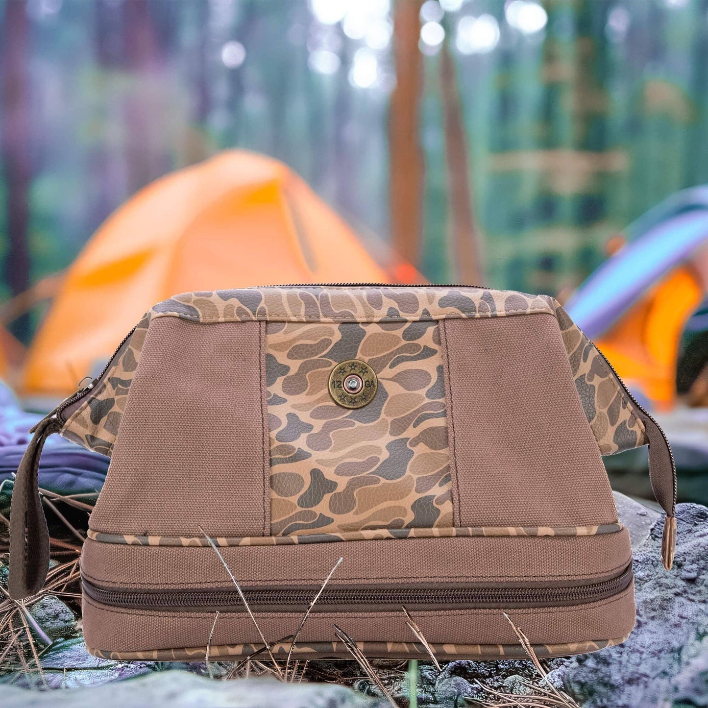 Shot Shell Brown Waxed Canvas Old School Camo Men's Toiletry Dopp Bag.