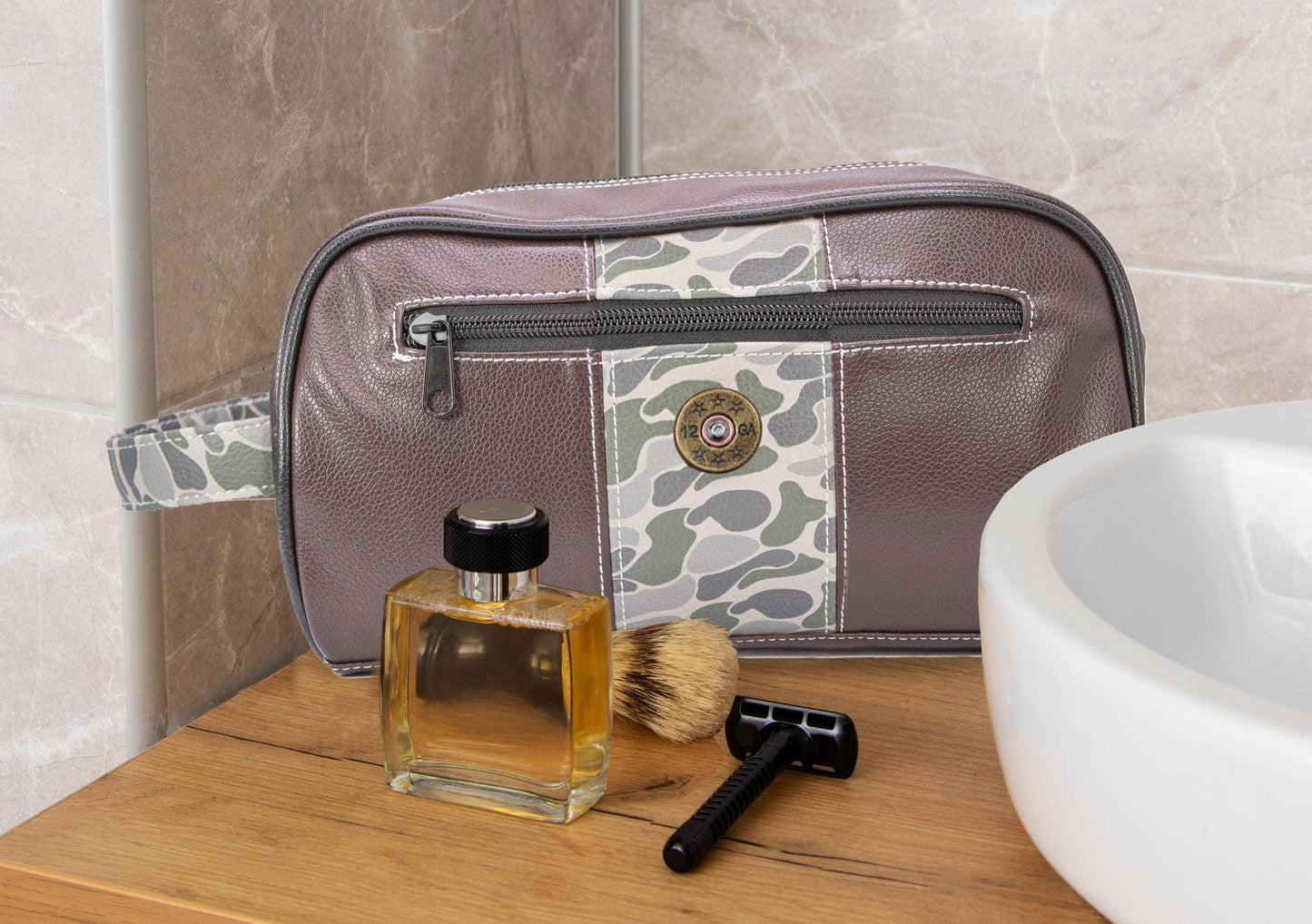 Shot Shell Brown Pebble Old School Camo Men's Toiletry Dopp Bag.