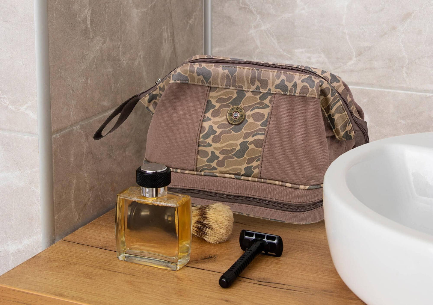 Shot Shell Brown Waxed Canvas Old School Camo Men's Toiletry Dopp Bag.