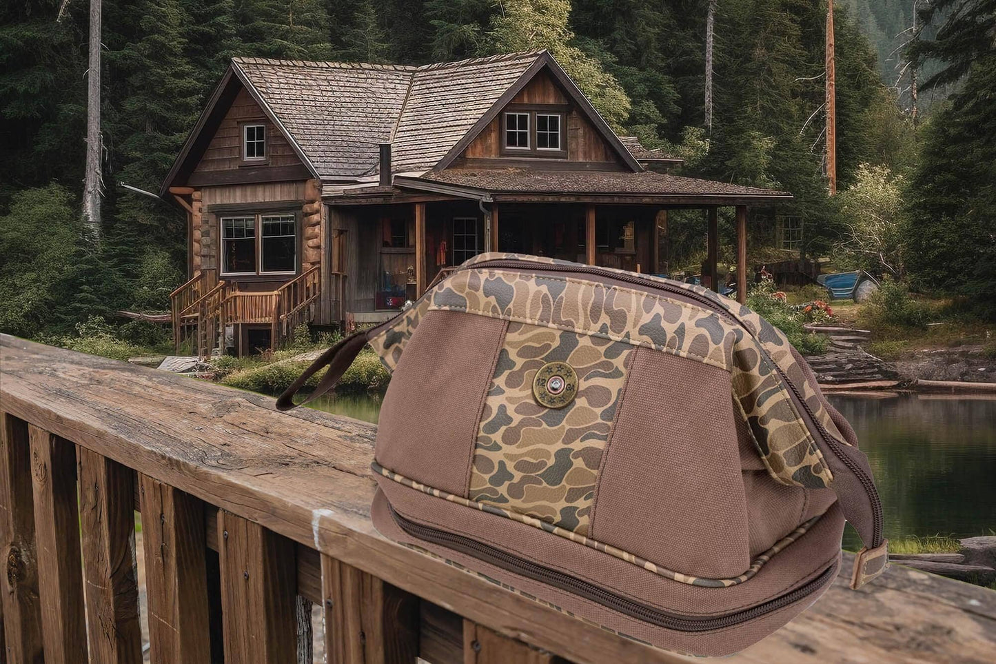 Shot Shell Brown Waxed Canvas Old School Camo Men's Toiletry Dopp Bag.