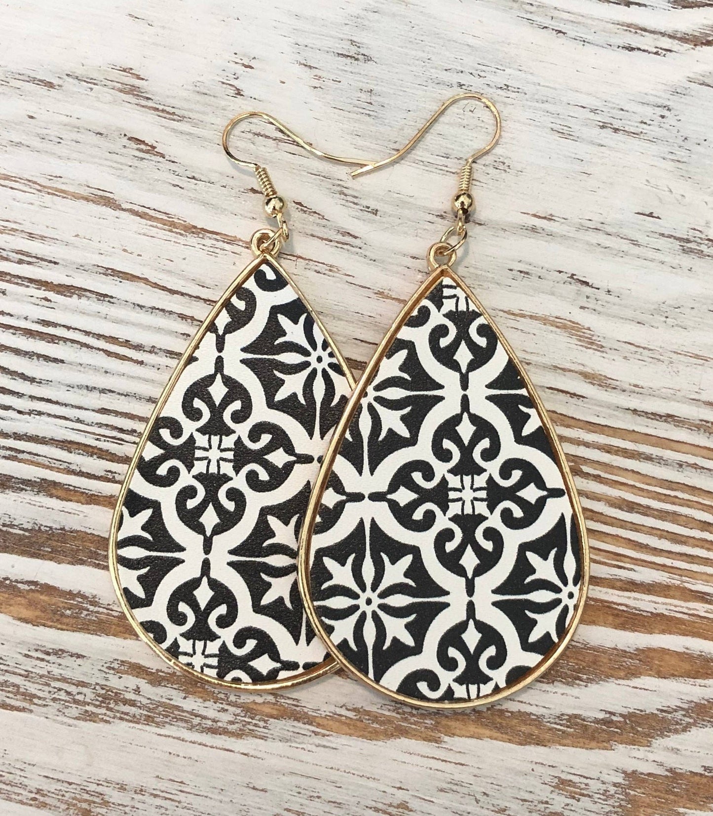 Black and White Geometric Print Leather Hanging Gold Earring Kate Tuesday Jewelry