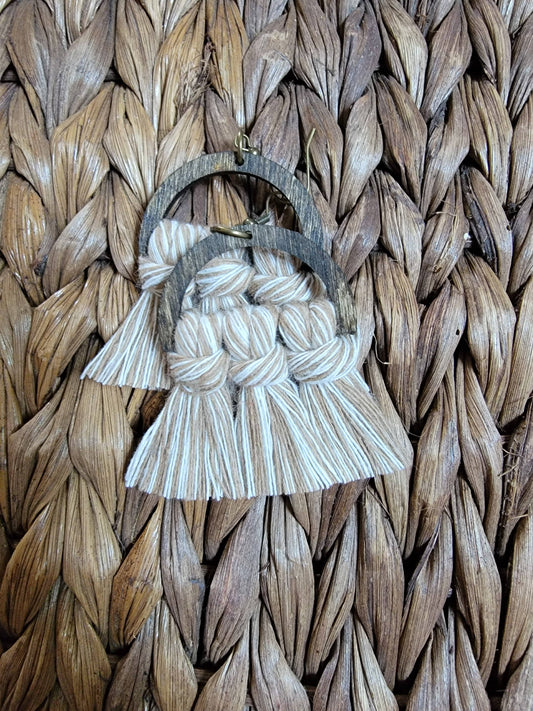 Tan Two-Tone Wood Macrame Earrings