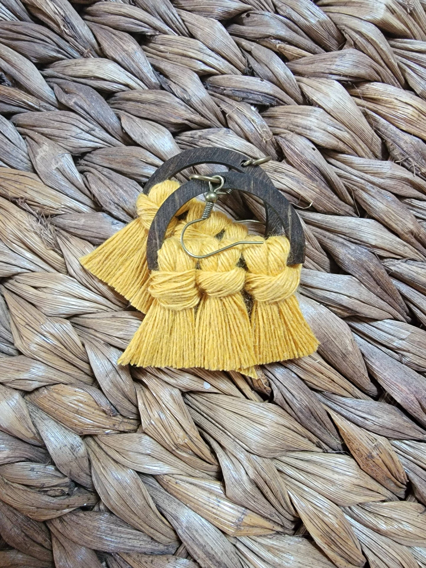 Mustard Wood Macrame Earrings