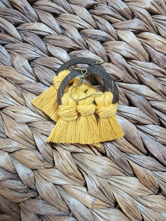 Mustard Wood Macrame Earrings