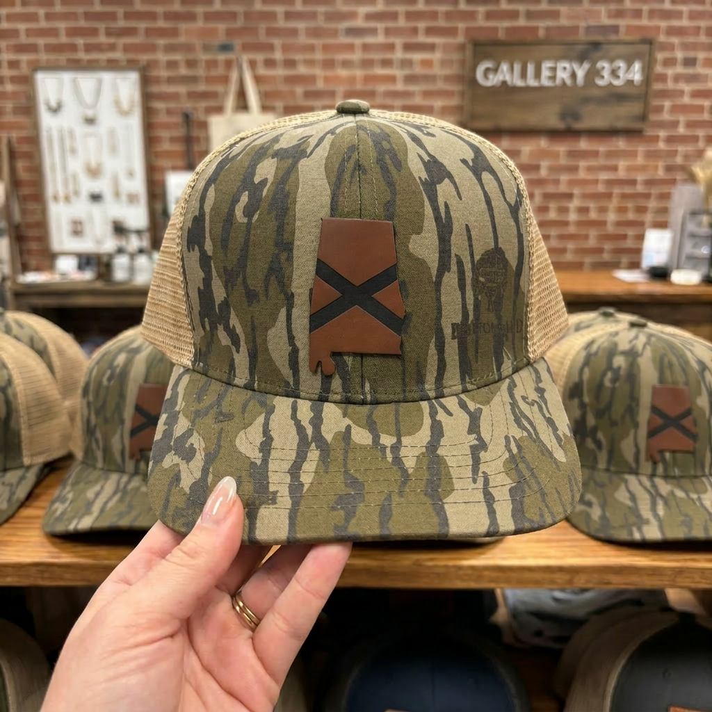 Alabama State Flag Leather Patch Trucker Hat — Bottomland Camo Snapback Gallery 334