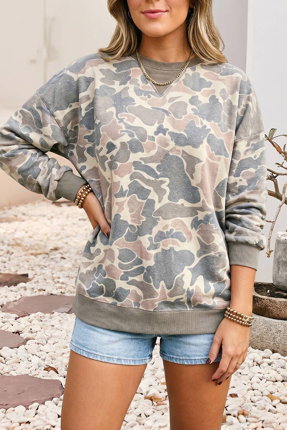 Camouflage Print Ribbed Trim Casual Pullover Sweatshirt|S-4X Little Daisy Closet