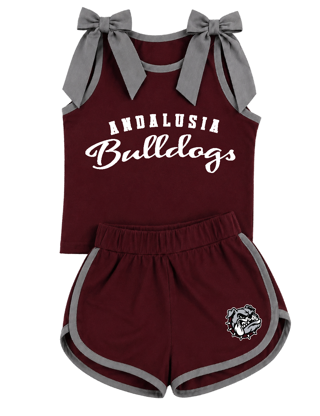 A toddler girl's two-piece athletic outfit set in maroon and gray, featuring a sleeveless top with gray shoulder bows and 'ANDALUSIA Bulldogs' printed in white, paired with matching gray-trimmed shorts and a bulldog logo.