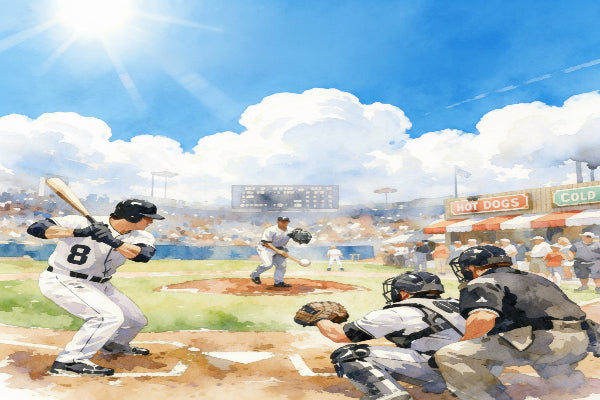 Baseball game in progress with players on a field under a blue sky.