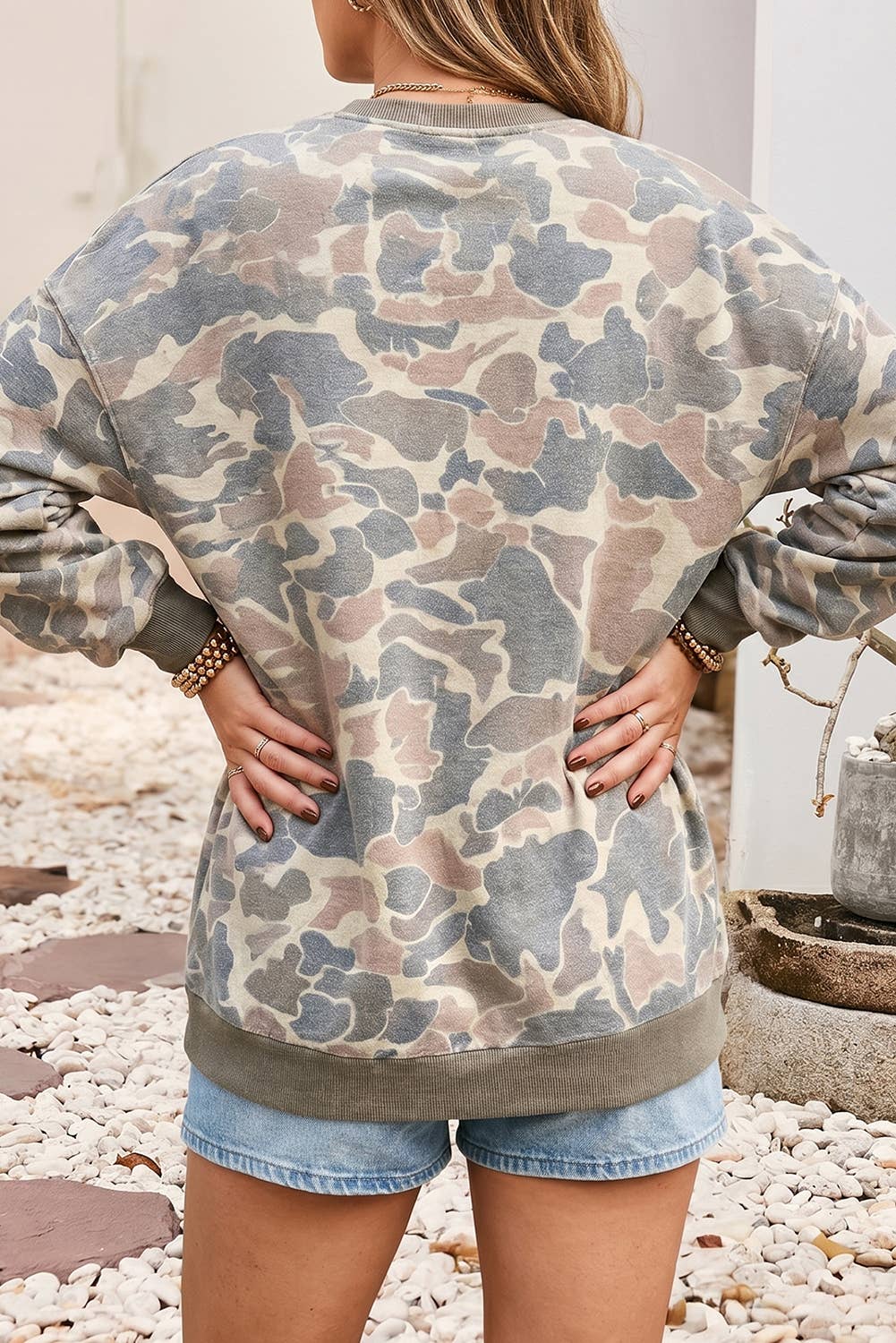 Camouflage Print Ribbed Trim Casual Pullover Sweatshirt|S-4X Little Daisy Closet