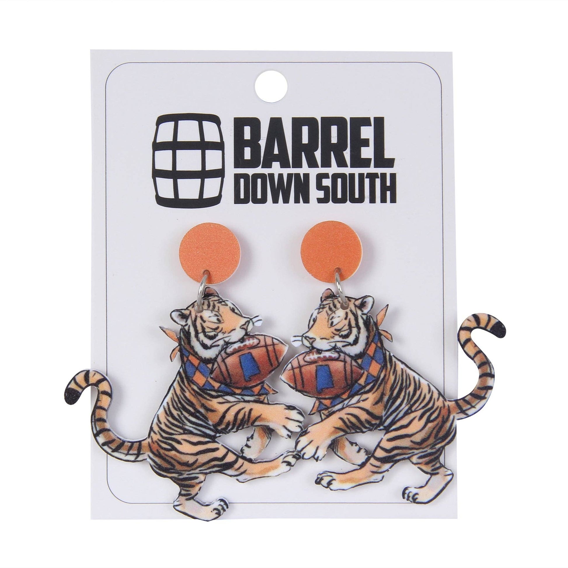 Navy and Orange Tiger Acrylic Earrings Barrel Down South