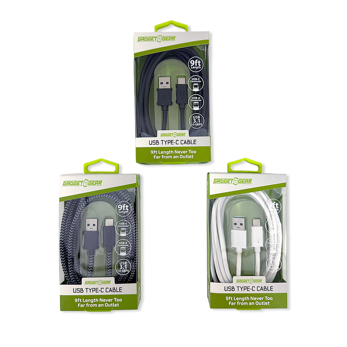 Gadget Gear USB to USB-C 9FT Charging Cable Boxed Assortment Novelty Brands
