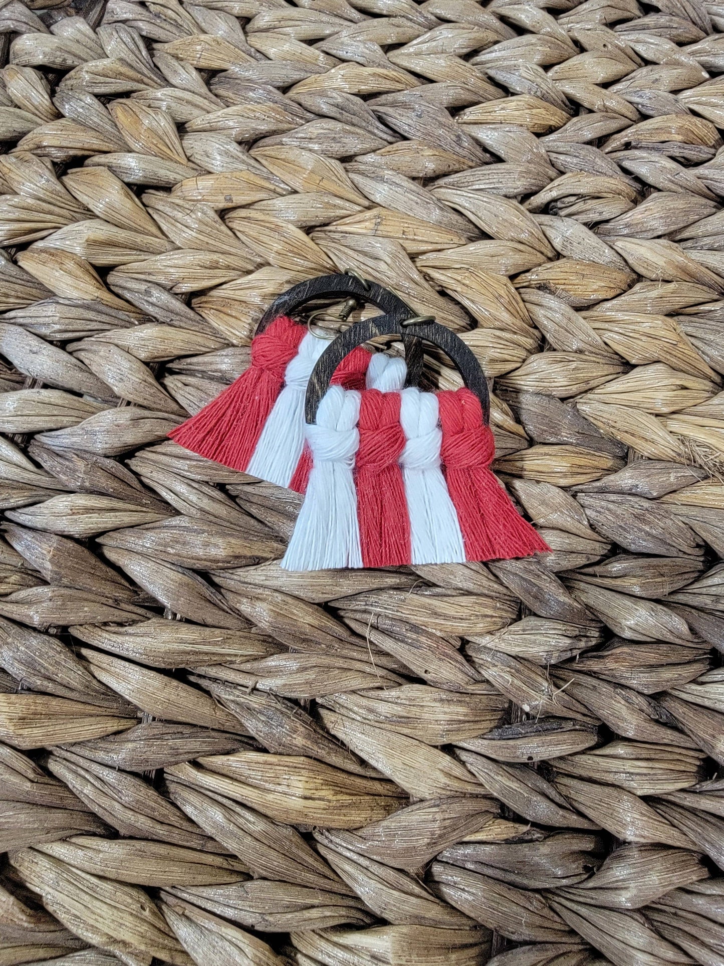 Red & White Wood Macrame Earrings