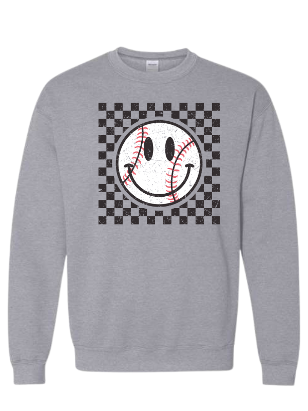 Baseball Smiley Face Sweatshirt - Checkered Pattern Gildan