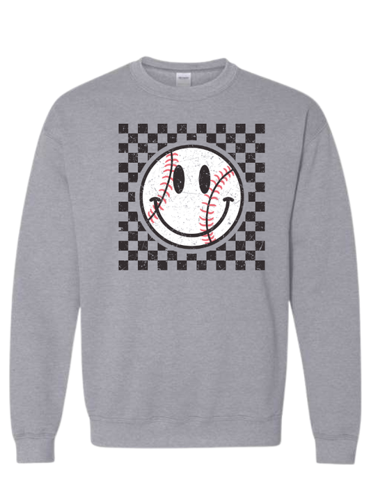 Baseball Smiley Face Sweatshirt - Checkered Pattern Gildan