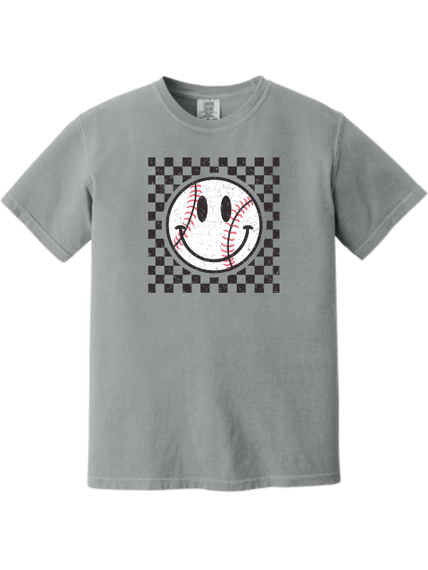 Baseball Smiley Face T-Shirt - Checkered Pattern Comfort Colors