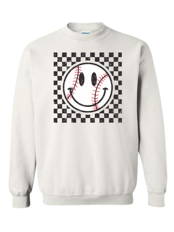 Baseball Smiley Face Sweatshirt - Checkered Pattern Gildan